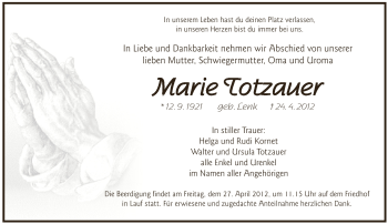 Traueranzeige von Marie Totzauer von Pegnitz-Zeitung